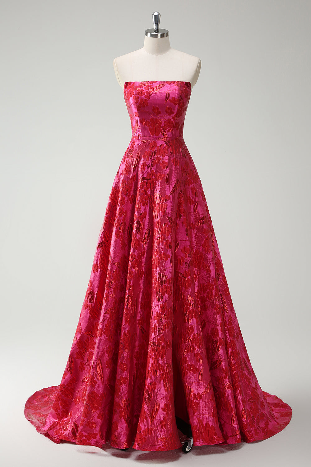 Fuchsia A-Line Floral Strapless Long Prom Dress
