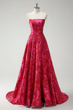 Fuchsia A-Line Floral Strapless Long Prom Dress
