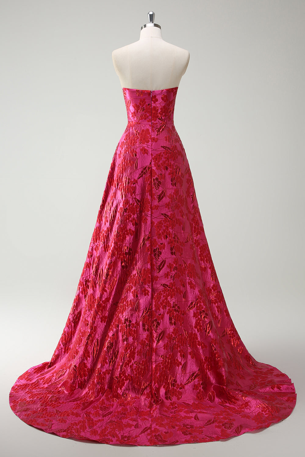 Fuchsia A-Line Floral Strapless Long Prom Dress