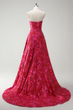 Fuchsia A-Line Floral Strapless Long Prom Dress