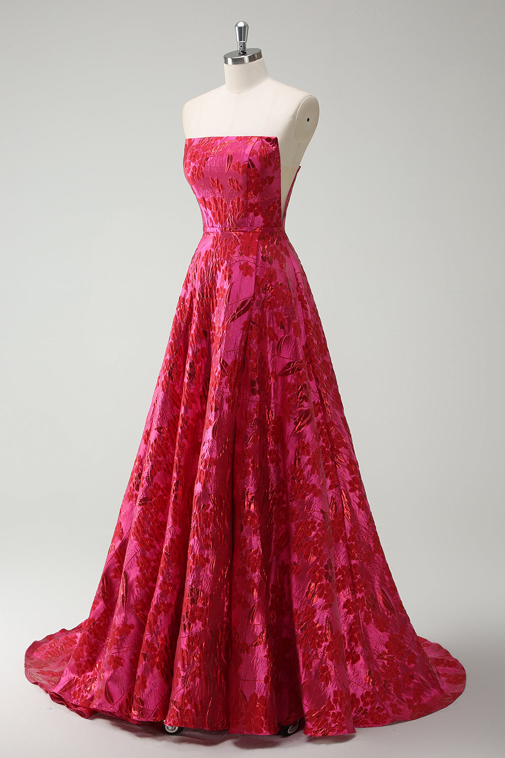 Fuchsia A-Line Floral Strapless Long Prom Dress