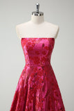 Fuchsia A-Line Floral Strapless Long Prom Dress