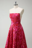 Fuchsia A-Line Floral Strapless Long Prom Dress