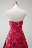Fuchsia A-Line Floral Strapless Long Prom Dress