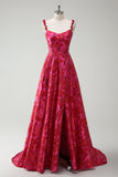 A-Line Spaghetti Straps Floral Jacquard Fuchsia Long Prom Dress with Slit