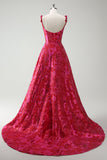 A-Line Spaghetti Straps Floral Jacquard Fuchsia Long Prom Dress with Slit