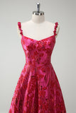 A-Line Spaghetti Straps Floral Jacquard Fuchsia Long Prom Dress with Slit