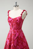 A-Line Spaghetti Straps Floral Jacquard Fuchsia Long Prom Dress with Slit