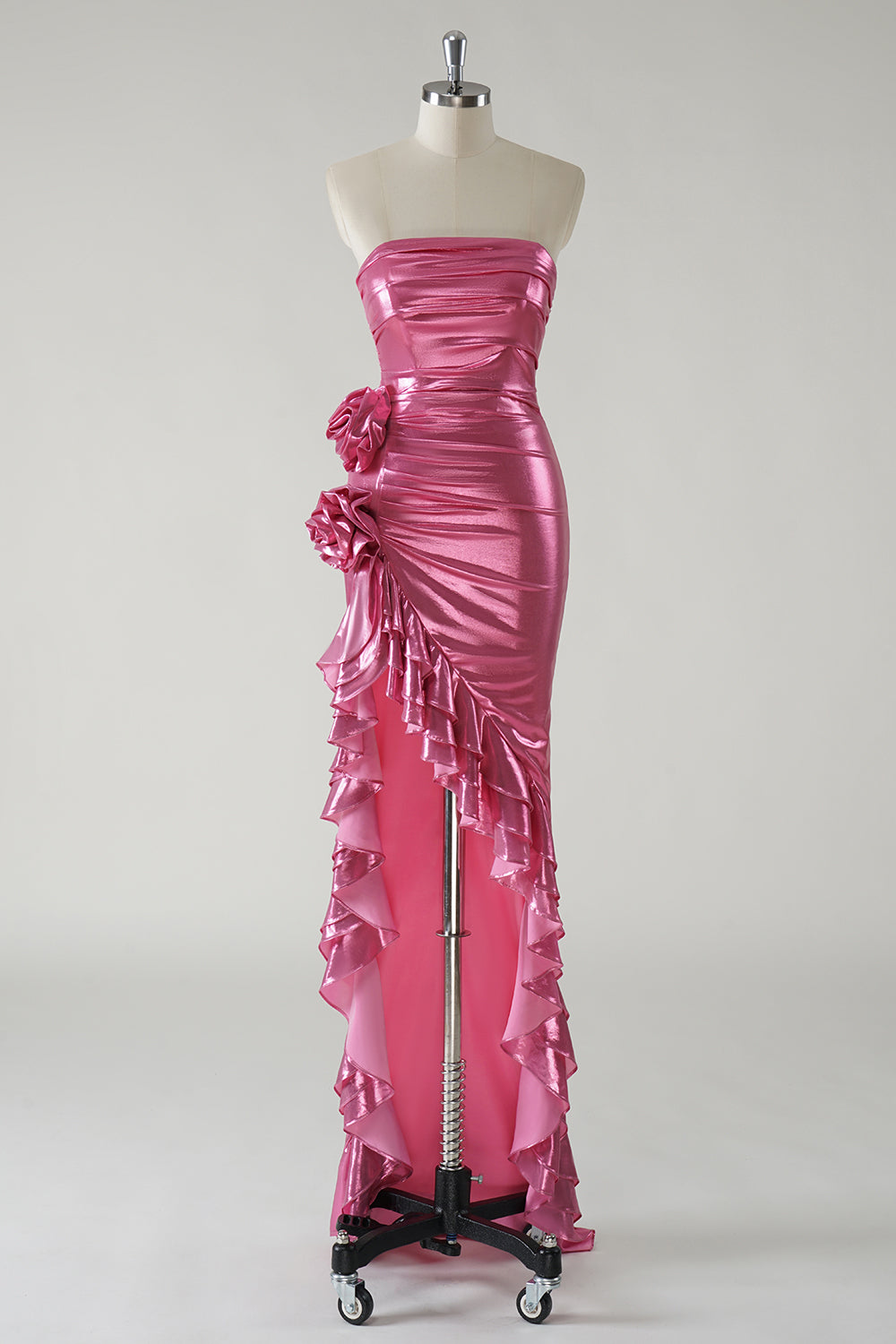 Sparkly Fuchsia Strapless Metallic Prom Dress with Slit
