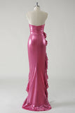 Sparkly Fuchsia Strapless Metallic Prom Dress with Slit