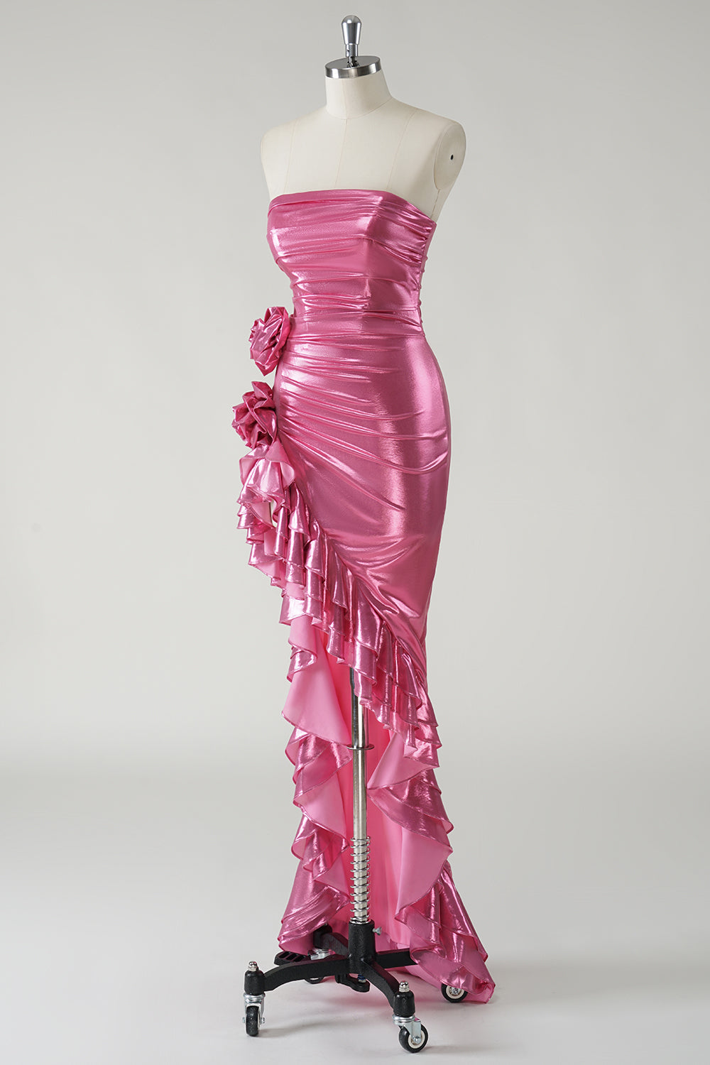 Sparkly Fuchsia Strapless Metallic Prom Dress with Slit