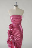 Sparkly Fuchsia Strapless Metallic Prom Dress with Slit
