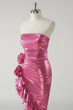 Sparkly Fuchsia Strapless Metallic Prom Dress with Slit