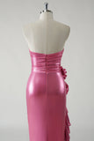 Sparkly Fuchsia Strapless Metallic Prom Dress with Slit