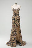 Sparkly Khaki Leopard Sequins Mermaid Long Corset Dress with Slit