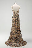 Sparkly Khaki Leopard Sequins Mermaid Long Corset Dress with Slit