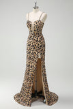 Sparkly Khaki Leopard Sequins Mermaid Long Corset Dress with Slit