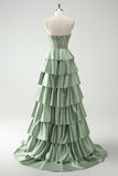 Green Princess Sweetheart Satin Tiered Long Corset Prom Dress with Slit