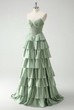 Green Princess Sweetheart Satin Tiered Long Corset Prom Dress with Slit