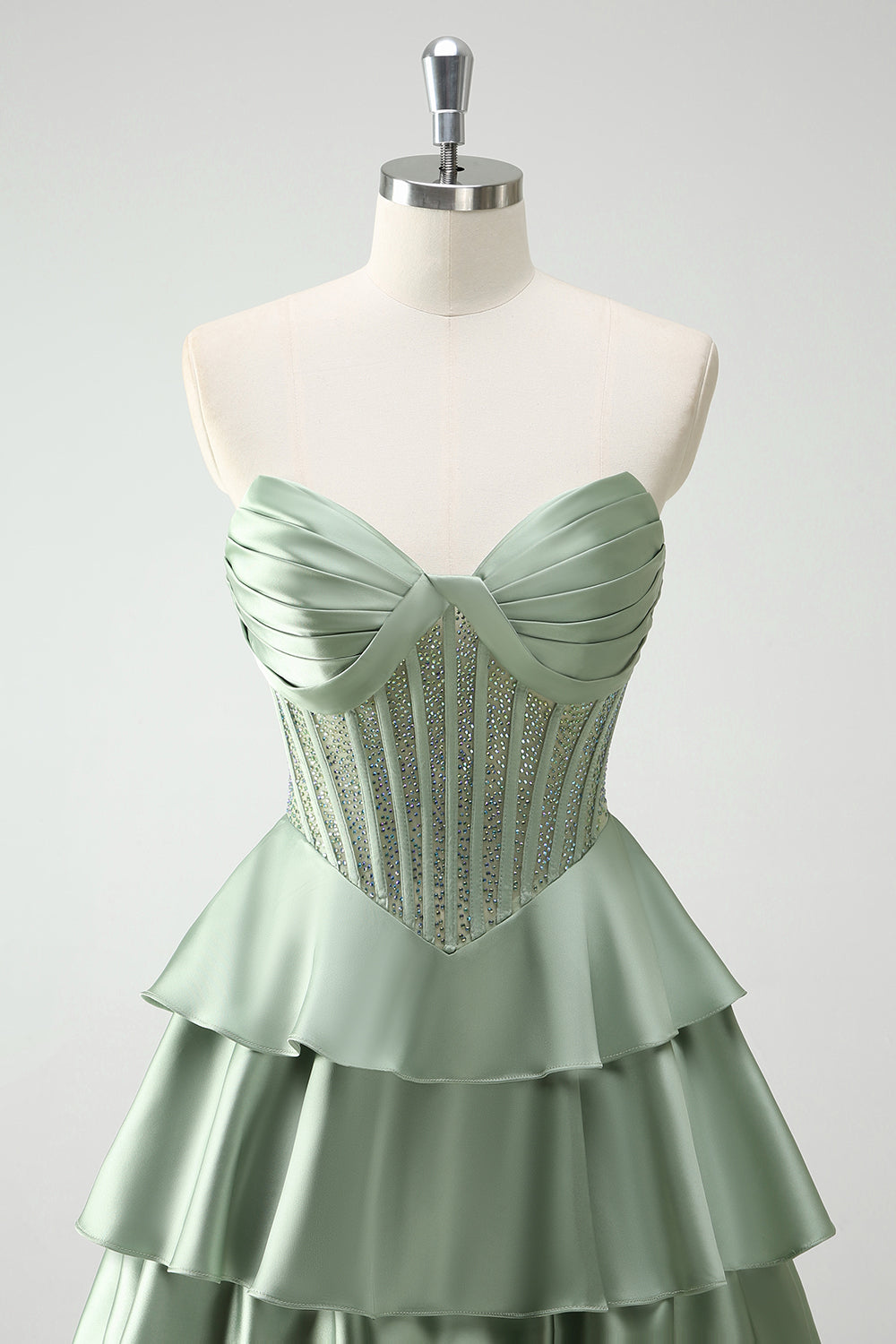 Green Princess Sweetheart Satin Tiered Long Corset Prom Dress with Slit