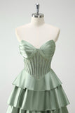 Green Princess Sweetheart Satin Tiered Long Corset Prom Dress with Slit
