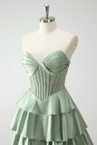 Green Princess Sweetheart Satin Tiered Long Corset Prom Dress with Slit