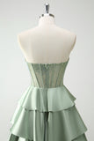 Green Princess Sweetheart Satin Tiered Long Corset Prom Dress with Slit