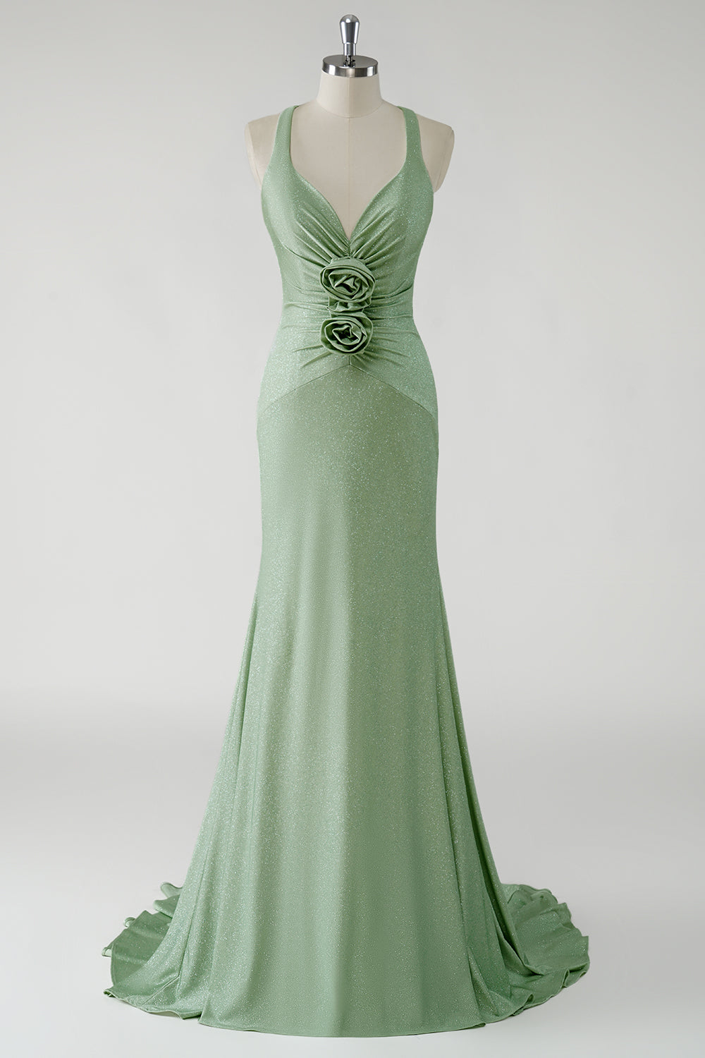 Sparkly Green Sheath Long Prom Dress with 3D Flowers