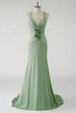 Sparkly Green Sheath Long Prom Dress with 3D Flowers