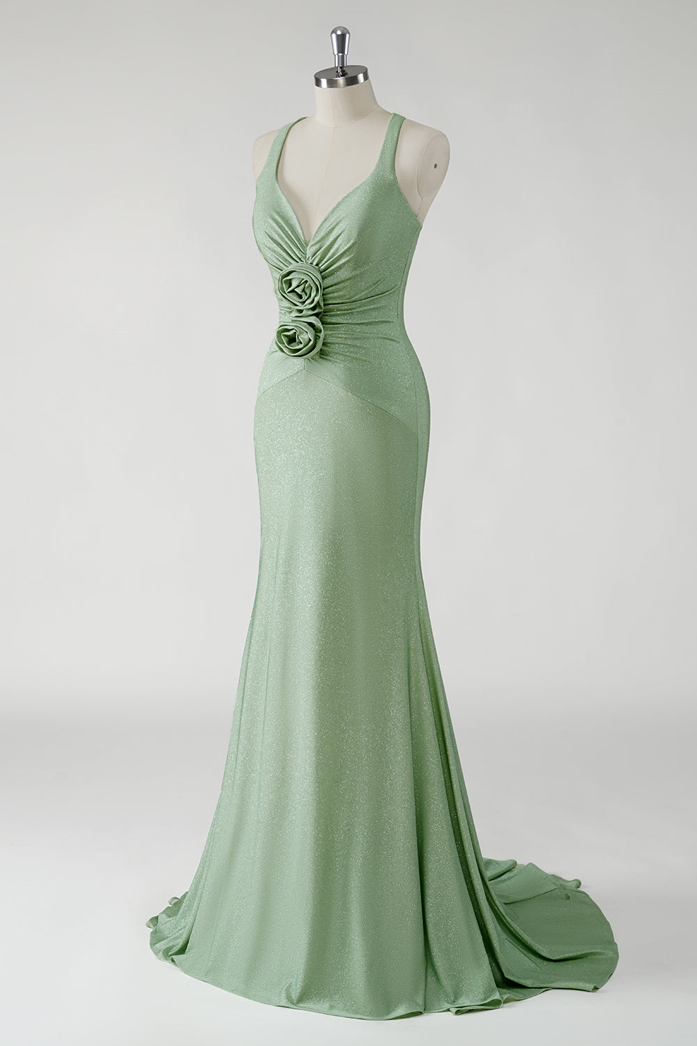Sparkly Green Sheath Long Prom Dress with 3D Flowers
