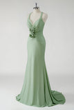 Sparkly Green Sheath Long Prom Dress with 3D Flowers