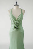 Sparkly Green Sheath Long Prom Dress with 3D Flowers