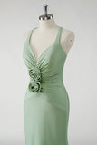 Sparkly Green Sheath Long Prom Dress with 3D Flowers