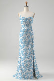 Blue Flower A-Line Cowl Neck Printed Floor Length Dress With Slit