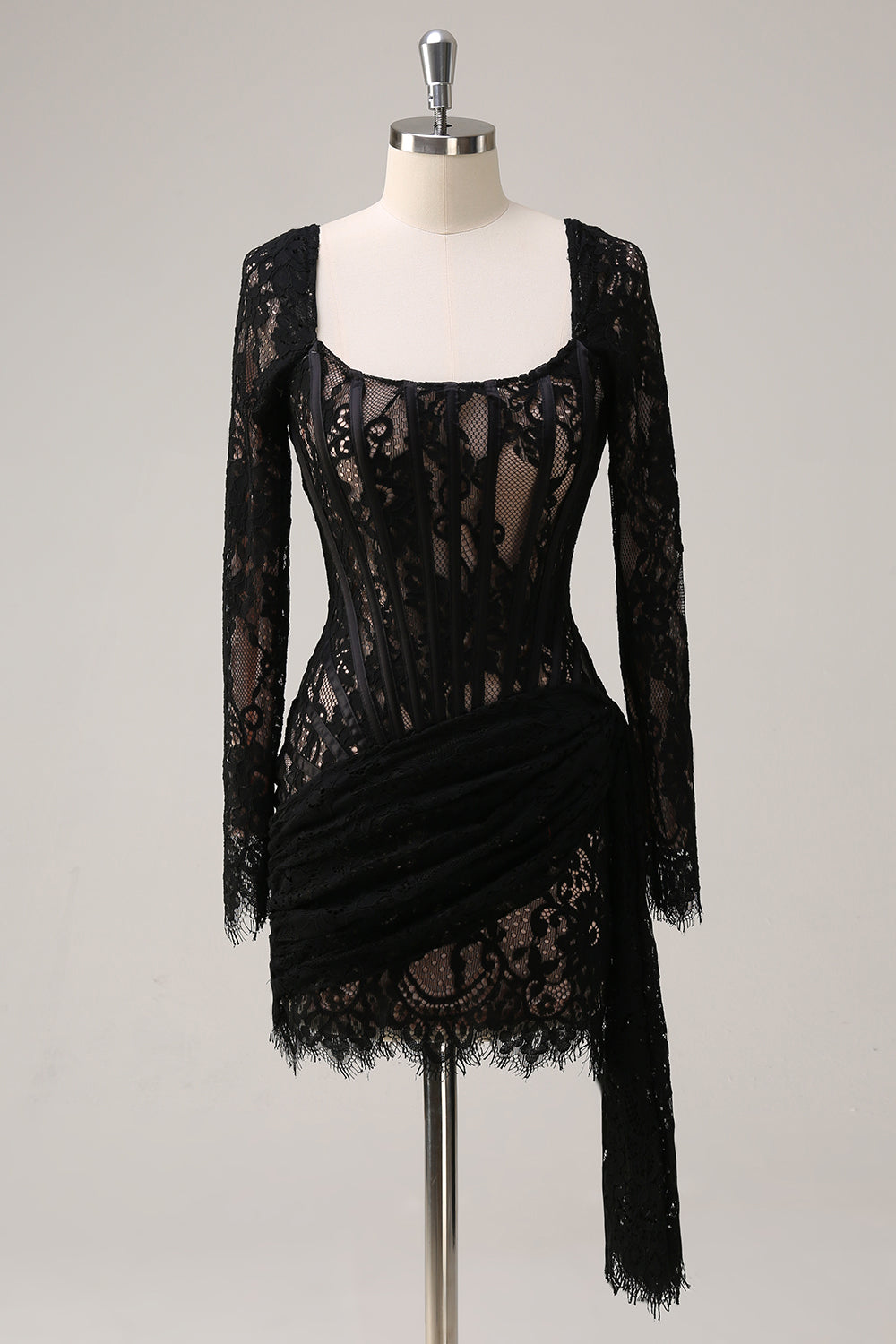 Square Neck Corset Ruched Backless Little Black Dress with Long Sleeves