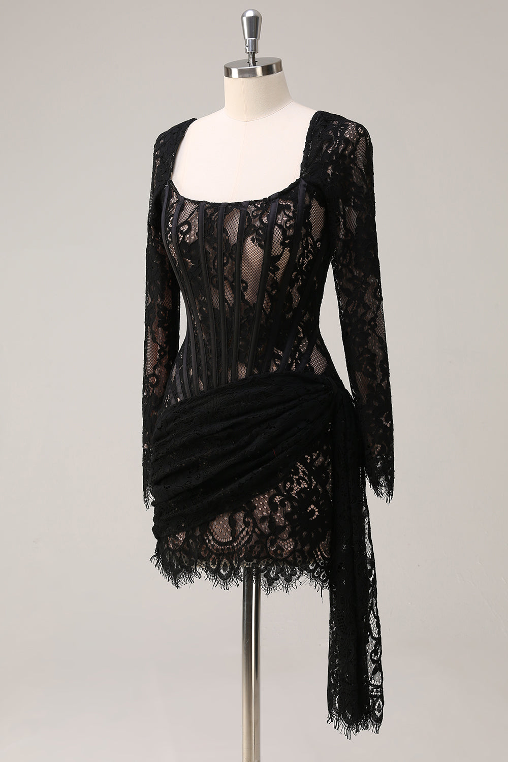 Square Neck Corset Ruched Backless Little Black Dress with Long Sleeves