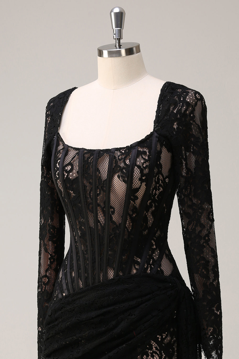 Square Neck Corset Ruched Backless Little Black Dress with Long Sleeves