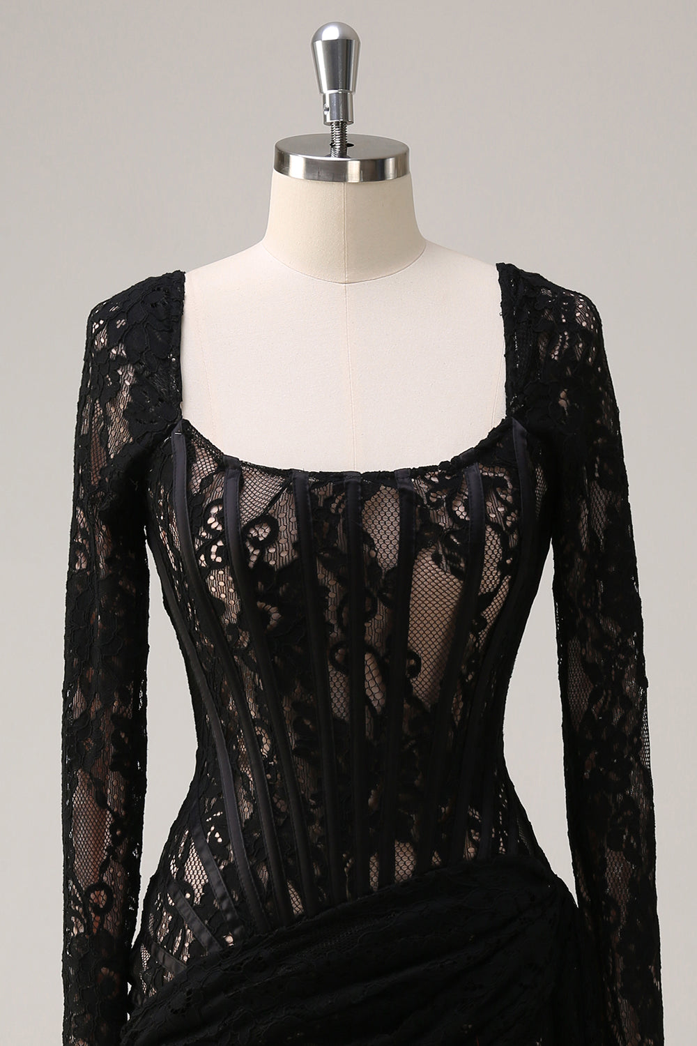 Square Neck Corset Ruched Backless Little Black Dress with Long Sleeves