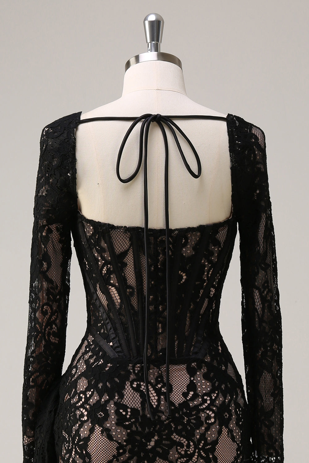 Square Neck Corset Ruched Backless Little Black Dress with Long Sleeves