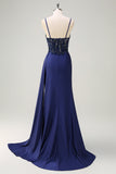 Navy Mermaid Ruched Streamer Long Prom Dress with Appliques