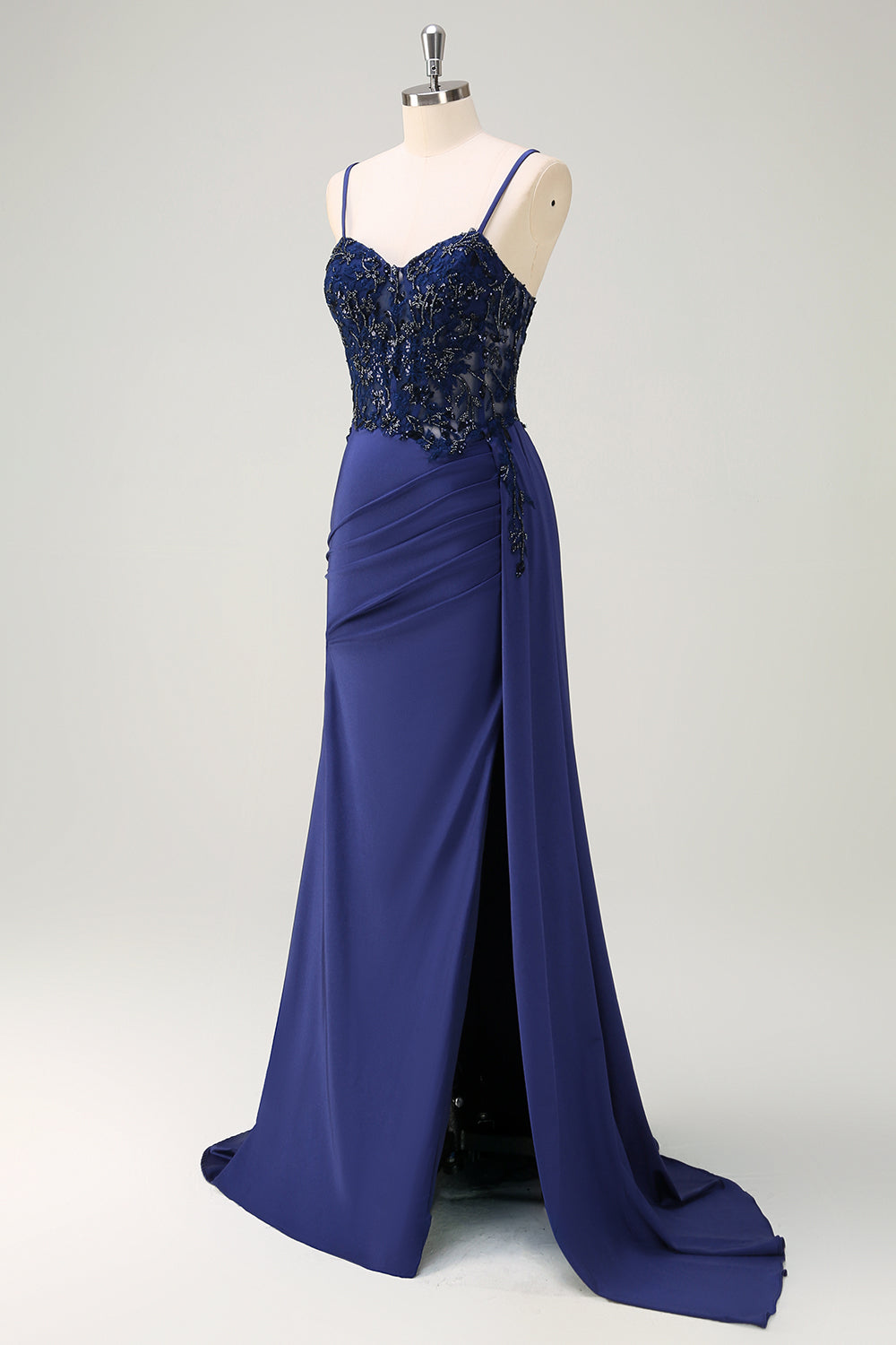 Navy Mermaid Ruched Streamer Long Prom Dress with Appliques