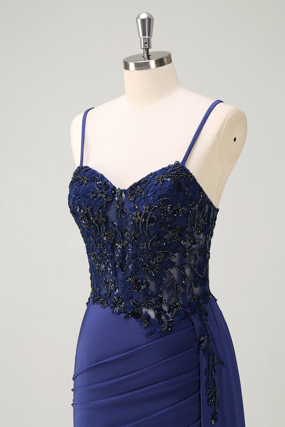 Navy Mermaid Ruched Streamer Long Prom Dress with Appliques