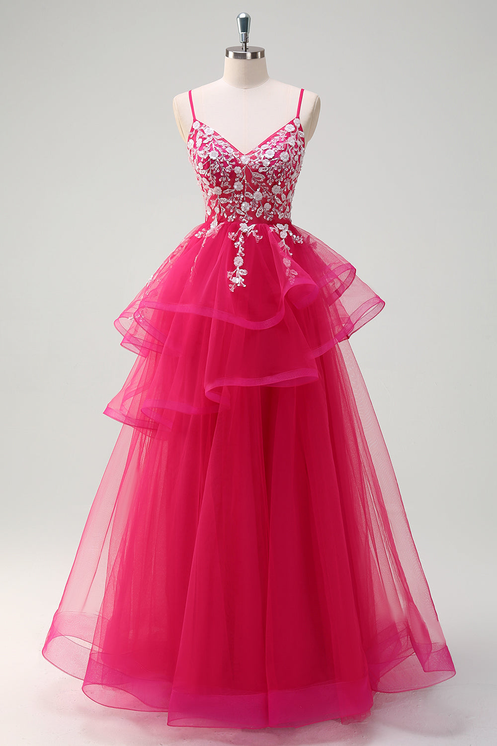 Sparkly Fuchsia A-Line Ruffled Tulle Long Prom Dress with Appliques