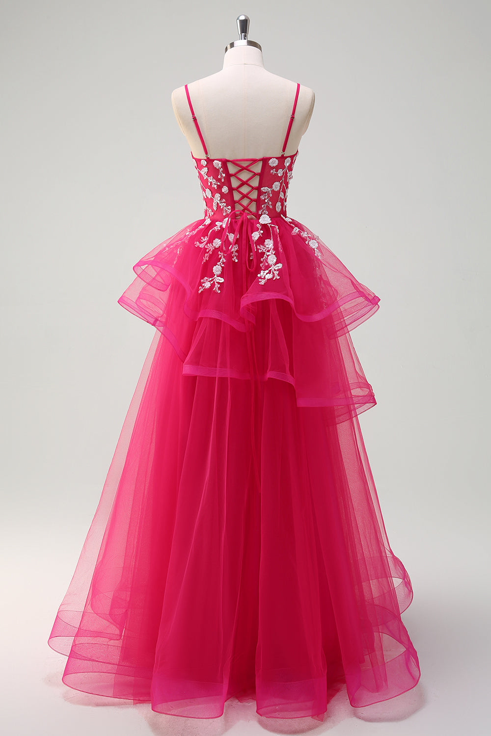 Sparkly Fuchsia A-Line Ruffled Tulle Long Prom Dress with Appliques