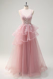 Sparkly Fuchsia A-Line Ruffled Tulle Long Prom Dress with Appliques