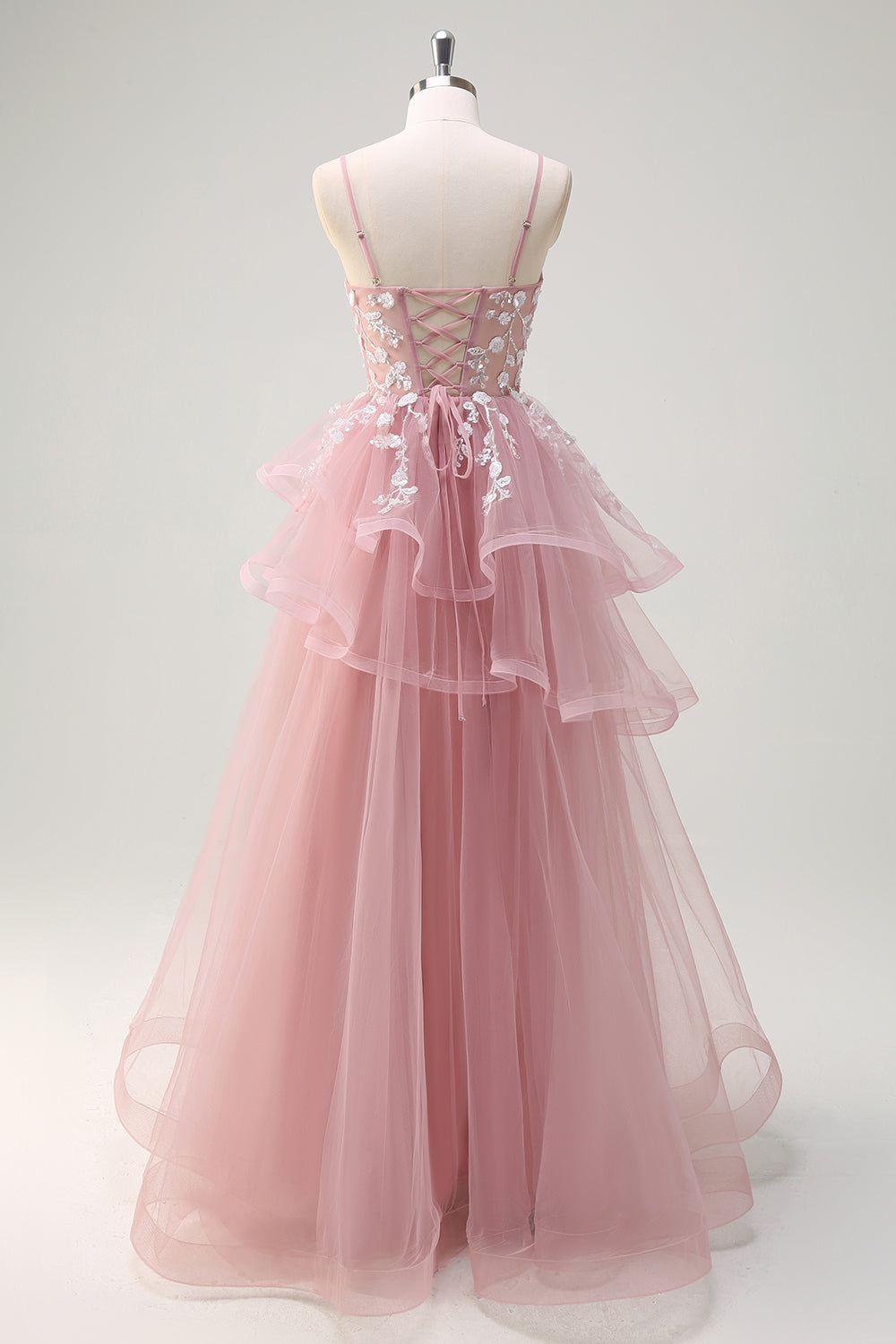 Sparkly Fuchsia A-Line Ruffled Tulle Long Prom Dress with Appliques