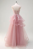 Sparkly Fuchsia A-Line Ruffled Tulle Long Prom Dress with Appliques