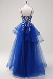 Sparkly Fuchsia A-Line Ruffled Tulle Long Prom Dress with Appliques