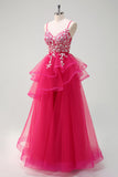 Sparkly Fuchsia A-Line Ruffled Tulle Long Prom Dress with Appliques