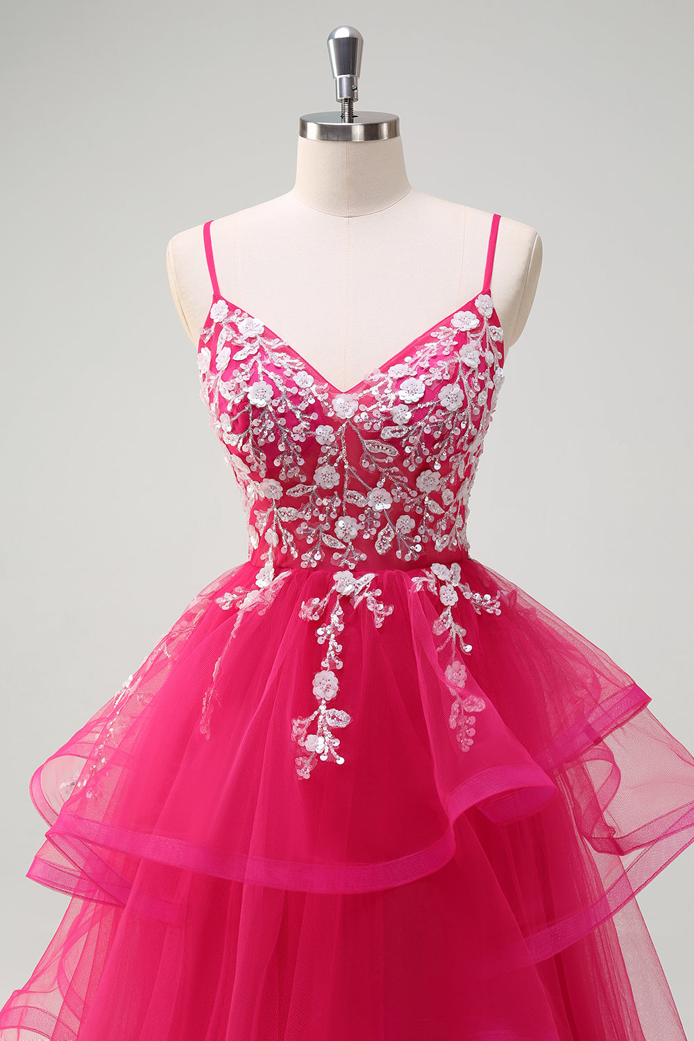 Sparkly Fuchsia A-Line Ruffled Tulle Long Prom Dress with Appliques